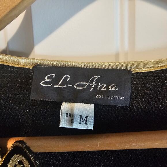 Vintage Floral Sweater Womens Med Black Gold Glam Rock Knit Embellished Evening - Picture 7 of 10